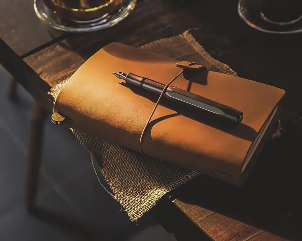 A leather journal and fountain pen in warm light