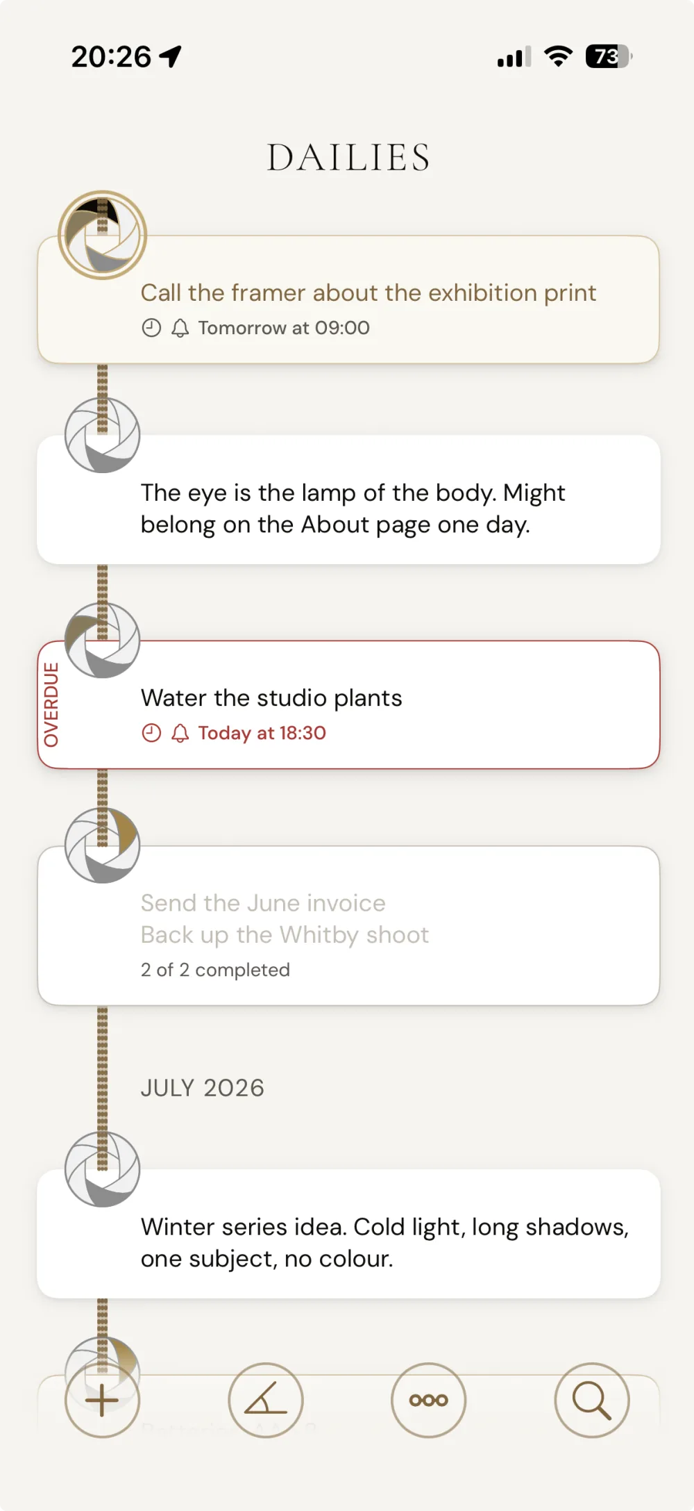 The Dailies timeline in Catchlight, a day of Takes on a single thread